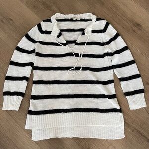 LOFT Women Small Lightweight Top Black White Stripe Cotton Knit Pullover Keyhole
